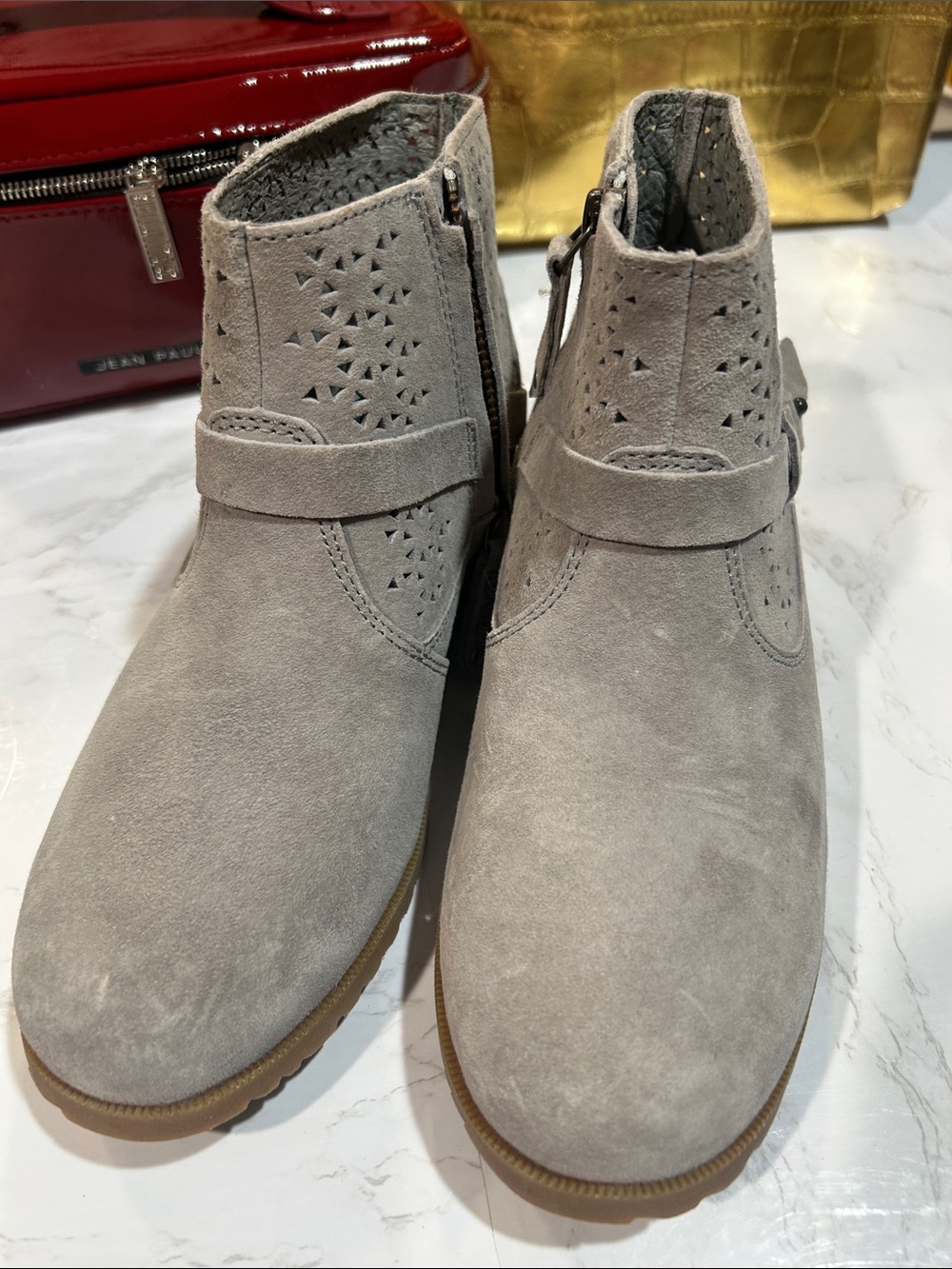 Teva Light Gray Suede Ankle Boots with Cutout Detail
